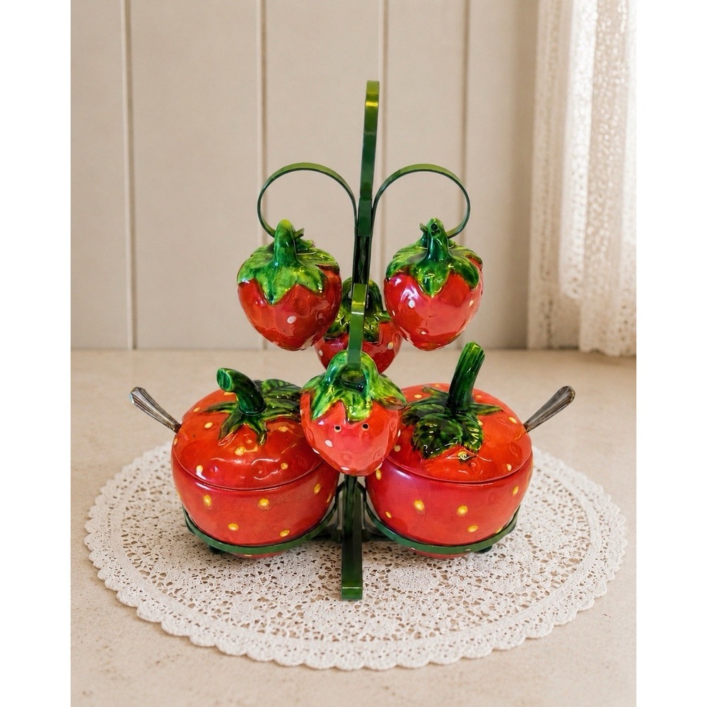 Vintage Strawberry Kitchen Set Caddy Shakers Jam Pots Harry & David Spreaders - Picture 2 of 14
